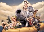  2girls alxndr-art armpits blonde_hair blood boat boots breasts brown_hair cannon cigar cigarette cloud cuts digital_media_player dual_wielding explosive fio_germi gatling_gun glasses good_end grenade ground_vehicle gun handgun hat headband highres holding injury ipod jacket kasamoto_eri marco_rossi medium_breasts metal_slug metal_slug_3 midriff military military_vehicle motor_vehicle multiple_boys multiple_girls no_bra off_shoulder open_clothes open_jacket pistol ponytail revolver short_shorts shorts smoking snk spoilers stielhandgranate strap_slip submachine_gun sunglasses sv001_(metal_slug) tank tarma_roving victory watercraft weapon 