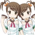  artist_request brown_eyes brown_hair cosmic_&amp;_funny_(idolmaster) doughnut food futami_ami futami_mami hair_bobbles hair_ornament idolmaster idolmaster_(classic) idolmaster_1 lowres mouth_hold multiple_girls siblings side_ponytail sisters twins 