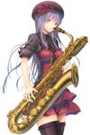  baritone_saxophone blue_hair flower hat instrument long_hair original rose sabamu saxophone skirt solo thighhighs zettai_ryouiki 