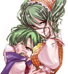  alternate_hairstyle antennae aria_(opera) ascot bad_id bad_pixiv_id breasts cape drill_hair frills green_eyes green_hair hug kazami_yuuka looking_at_viewer medium_breasts multiple_girls plaid plaid_vest red_eyes short_hair simple_background smile touhou vest white_background wriggle_nightbug 