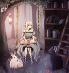  antenna_hair bad_id bad_pixiv_id bare_shoulders bird book bookshelf bunny cat choker dress flower forest grass highres ladder lamp leaf long_hair mushroom nature nyaroro original pink_hair plant sitting solo swing tree vines yellow_eyes 