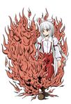  bow burning_hand fire fujiwara_no_mokou hair_bow highres long_hair red_eyes ribbon satou_samu shoes simple_background socks solo suspenders touhou walking white_background white_hair 