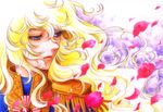  70s blonde_hair blue_eyes close-up eyelashes face floating_hair flower jitome kayu long_hair oldschool oscar_francois_de_jarjayes petals rose rose_petals solo traditional_media uniform upper_body versailles_no_bara white_flower white_rose wind 