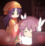  achakura asakura_ryouko blanket blue_hair bunny bunny_headphones computer conago headphones laptop long_hair lowres mouse_(computer) multiple_girls nagato_yuki oekaki pajamas short_hair silver_hair sleeping suzumiya_haruhi-chan_no_yuuutsu suzumiya_haruhi_no_yuuutsu 