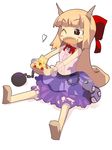  chain chibi eating fangs food gourd holding_pizza horns ibuki_suika one_eye_closed pizza solo touhou yashima_yuuta 