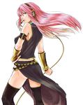  bad_id bad_pixiv_id bare_shoulders detached_sleeves green_eyes hand_on_hip headset highres liran_(iro) long_hair looking_back megurine_luka pink_hair side_slit solo thighhighs vocaloid 