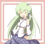  blush closed_eyes detached_sleeves frog_hair_ornament green_hair hair_ornament hair_tubes kochiya_sanae long_hair miko_machi open_mouth smile snake solo touhou 