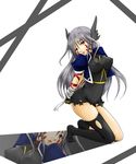  aona_(kuuga19yuu) arm_belt asymmetrical_legwear bad_id bad_pixiv_id bdsm bondage bound facial_mark fingerless_gloves gloves head_wings jacket long_hair lyrical_nanoha magical_girl mahou_shoujo_lyrical_nanoha mahou_shoujo_lyrical_nanoha_a's open_clothes open_jacket open_mouth red_eyes reinforce silver_hair single_thighhigh thighhighs torn_clothes winged_hair_ornament 