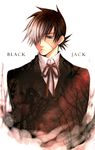  1boy black_hair black_jack black_jack_(copyright) male male_focus multicolored_hair scar short_hair solo tuxedo two-tone_hair white_hair 