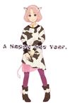  animal_costume bad_id bad_pixiv_id bell copyright_request cow_costume horns looking_at_viewer mosuko pantyhose pink_hair red_eyes short_hair simple_background solo white_background 