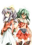  antenna_hair bangs black_legwear bow closed_mouth cravat dark_skin dress drill_hair emerada_(xenogears) eyebrows_visible_through_hair fang fang_out flat_chest goggles goggles_on_head green_eyes green_hair grey_hair hair_between_eyes holding_hands long_hair long_sleeves maria_balthasar messy_hair midriff miniskirt mochi_(circle_rin) multiple_girls orange_eyes pantyhose pauldrons red_skirt ribbon scarf skirt smile thighhighs torn_clothes white_dress white_neckwear white_scarf xenogears yellow_bow 