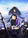  :&lt; boots day flat_chest highres huge_weapon midriff original purple_eyes purple_hair scarf science_fiction sky solo space_craft sword tokiwakinya weapon 