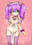  blush breasts copyright_request green_eyes large_breasts midriff purple_hair randou smile solo thighhighs twintails 