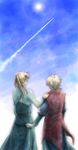  billy_katagiri blonde_hair blue_sky cowboy_shot day from_behind graham_aker gundam gundam_00 holding_hands long_hair male_focus multiple_boys sky sorahina standing sun 