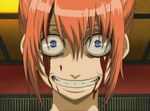  blood blue_eyes crazy crazy_eyes gintama grin horror_(theme) kagura_(gintama) orange_hair screencap short_hair smile solo 