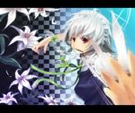  bad_id bad_pixiv_id braid flower izayoi_sakuya knife letterboxed lily_(flower) mouth_hold nauribon petals red_eyes silver_hair solo touhou twin_braids 
