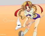  bandaid bandaid_on_elbow bandaid_on_face bandaid_on_knee braid brown_hair buruma dlsite.com gym_uniform headband long_hair malino_(dream_maker) numbered_flag premium-chan red_eyes solo twin_braids wallpaper 