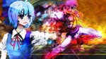  1girl blue_eyes blue_hair bow captain_falcon cirno f-zero gloves hair_bow helmet knees same_2009 scarf short_hair super_smash_bros. touhou 