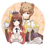  1girl amase_tatsuki animal_hat armor brown_hair green_eyes hair_ribbon hairband hat high_priest long_hair lord_knight petting ragnarok_online ribbon short_hair 