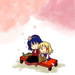  blonde_hair blue_hair cherry_blossoms chibi dango food hanami hat hat_removed headwear_removed moriya_suwako multiple_girls petals pyonta simple_background sleeping socha touhou wagashi yasaka_kanako 