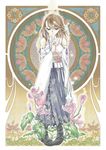  art_nouveau blue_eyes brown_hair feathers final_fantasy final_fantasy_x flower green_eyes hakama heterochromia japanese_clothes kimagureneko print_hakama purple_hakama solo yuna_(ff10) 