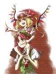  :d blonde_hair carrying china_dress chinese_clothes crystal dress flandre_scarlet hat hong_meiling mob_cap multiple_girls open_mouth pointing puffy_short_sleeves puffy_sleeves red_dress red_eyes red_hair shippori short_sleeves shoulder_carry simple_background smile touhou vampire white_background 