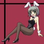  aizawa_sakuya animal_ears bunny_ears bunnysuit crossed_legs fishnet_pantyhose fishnets green_eyes grey_hair hayate_no_gotoku! masakichi_(crossroad) pantyhose short_hair sitting solo 