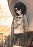  amagami black_eyes black_hair curly_hair kibito_high_school_uniform leaning long_sleeves midriff miniskirt miyatsuka_ringorou navel pleated_skirt school_uniform shirt_lift short_hair skirt smile solo sweater tanamachi_kaoru wavy_hair 