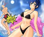  1girl bikini blood blue_eyes blue_hair breasts day epic_nosebleed medium_breasts nosebleed persona persona_4 shirogane_naoto short_hair suta_furachina swimsuit tatsumi_kanji underboob white_hair 