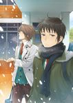  akuta_michi bag black_hair blue_eyes brown_hair jacket kita_high_school_uniform koizumi_itsuki kyon male_focus multiple_boys necktie scarf school_uniform snow suzumiya_haruhi_no_yuuutsu 