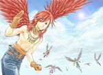  aegyl cloud day final_fantasy final_fantasy_xii final_fantasy_xii_revenant_wings flying gloves kimagureneko llyud male_focus red_eyes red_hair shirtless sky smile solo_focus wings 