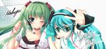  bad_id bad_pixiv_id blue_eyes blue_hair choker collaboration dual_persona green_eyes green_hair hair_ribbon hatsune_miku headphones long_hair mafuyu melt_(vocaloid) miyuki_rei multiple_girls necktie ribbon twintails vocaloid world_is_mine_(vocaloid) 