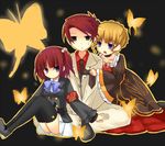  2girls armband beatrice black_eyes blonde_hair blue_eyes bow brother_and_sister bug butterfly dress frills hair_bobbles hair_bun hair_ornament insect jacket multiple_girls necktie red_hair short_hair siblings thighhighs umineko_no_naku_koro_ni ushiromiya_ange ushiromiya_battler yuzuki_(yuduame) 