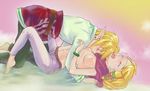  1girl barefoot blonde_hair breast_sucking breasts eyes_closed gradient gradient_background legend_of_zelda link md5_mismatch navel nintendo noa24hayashi pointy_ears princess_zelda shirt_lift skyward_sword the_legend_of_zelda the_legend_of_zelda:_skyward_sword yucca24sera 