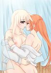  2girls ass blonde_hair breasts collarbone eyes_closed fate_testarossa female hug incipient_kiss long_hair lyrical_nanoha mahou_senki_lyrical_nanoha_force mahou_shoujo_lyrical_nanoha mahou_shoujo_lyrical_nanoha_strikers mahou_shoujo_lyrical_nanoha_vivid multiple_girls nanoha_takamachi nipples open_clothes open_shirt orange_hair ponytail shirt takamachi_nanoha watercolormark yuri 