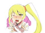  1girl a.ringo bakemonogatari blonde_hair blush censored cum ejaculation fangs monogatari_(series) oshino_shinobu penis shinobu_oshino solo_focus tongue yellow_eyes 