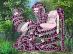  2girls blue_eyes blush breasts chimera forest large_breasts long_tongue medullahan mon-musu_quest! monster_girl multiple_girls nature navel nipples nude open_mouth outdoors restrained scared small_areolae snake tongue tongue_out tree what wtf 