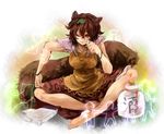 animal_ears barefoot bird bracelet brown_hair dog fang frog futatsuiwa_mamizou glasses gourd highres hiso_(inoino_4) indian_style jewelry leaf leaf_on_head notepad one_eye_closed pince-nez raccoon_ears raccoon_tail red_eyes sitting tail touhou 