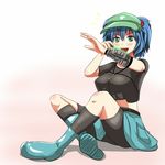  1girl blue_eyes blue_hair breasts hair_bobbles hair_ornament kawashiro_nitori key large_breasts open_mouth skirt smile touhou vault_boy yaruku 