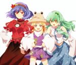  akasata blonde_hair blue_eyes frog_hair_ornament green_hair hair_ornament hair_ribbon hair_tubes hat kochiya_sanae long_hair moriya_suwako multiple_girls purple_hair red_eyes ribbon snake thighhighs touhou white_legwear yasaka_kanako yellow_eyes 