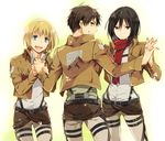  2boys armin_arlert belt black_eyes black_hair blonde_hair blue_eyes brown_eyes brown_hair emblem eren_yeager expressionless grin hands_clasped holding_hands jacket kuroemon looking_back md5_mismatch mikasa_ackerman multiple_boys own_hands_together paradis_military_uniform scarf shingeki_no_kyojin smile thigh_strap training_corps_(emblem) 