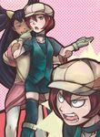  2girls angry black_hair boots choker dark_skin gloves green_eyes hat highres iris_(pokemon) langley_(pokemon) miniskirt multiple_girls myuutau_tadakichi pokemon pokemon_(anime) pokemon_(game) pokemon_bw red_hair short_hair skirt teeth towaiku 