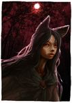  animal_ears brooch brown_hair creepy_eyes dress forest full_moon imaizumi_kagerou jewelry lips long_hair md5_mismatch moon nature niy_(nenenoa) realistic red_eyes red_moon solo touhou very_long_hair wolf_ears 