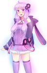  ahoge blush dress hair_ornament hood hooded_jacket jacket long_hair pltrgst purple_eyes purple_hair purple_legwear smile solo thighhighs twintails vocaloid voiceroid yuzuki_yukari 