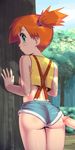  1girl against_tree apostle ass back crop_top crop_top_overhang cum cum_on_ass day denim denim_shorts ejaculation from_behind green_eyes highres kasumi_(pokemon) looking_back midriff orange_hair outdoors penis pokemon pokemon_(anime) pokemon_(classic_anime) profile shiny shiny_skin short_ponytail short_shorts shorts side_ponytail sky sleeveless solo_focus suspenders tree 