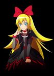  arm_warmers black_background blonde_hair blue_eyes bow choker cropped_jacket detached_sleeves dokidoki!_precure dress hair_bow hair_ribbon highres jabara_tornado long_hair looking_at_viewer precure regina_(dokidoki!_precure) ribbon simple_background skirt solo very_long_hair 