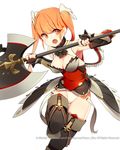  arm_guards armor armored_dress black_gloves boots breasts cleavage cleavage_cutout elbow_gloves fang fingerless_gloves gloves highres kamo_kamen leotard long_hair medium_breasts open_mouth orange_eyes orange_hair original poleaxe solo thigh_boots thighhighs twintails watermark 