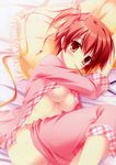  absurdres bed bed_sheet blush breasts brown_hair cleavage da_capo da_capo_iii from_above highres hinomoto_aoi large_breasts long_sleeves looking_at_viewer looking_up lying mouth_hold on_bed on_side open_clothes open_shirt pajamas pants_pull pillow red_eyes shirt takano_yuki_(allegro_mistic) thermometer underboob 