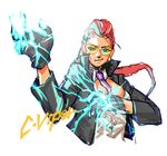  between_breasts breasts cleavage crimson_viper dark_skin electricity glasses long_hair medium_breasts necktie necktie_between_breasts okada_(hoooojicha) pompadour red_hair solo street_fighter street_fighter_iv_(series) sunglasses 