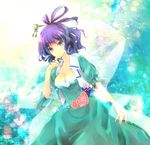  bad_id bad_pixiv_id blue_eyes blue_hair breasts cleavage dress finger_to_mouth flower haco_(artist) hair_ornament hair_rings hair_stick highres kaku_seiga large_breasts shawl smile solo touhou vest 